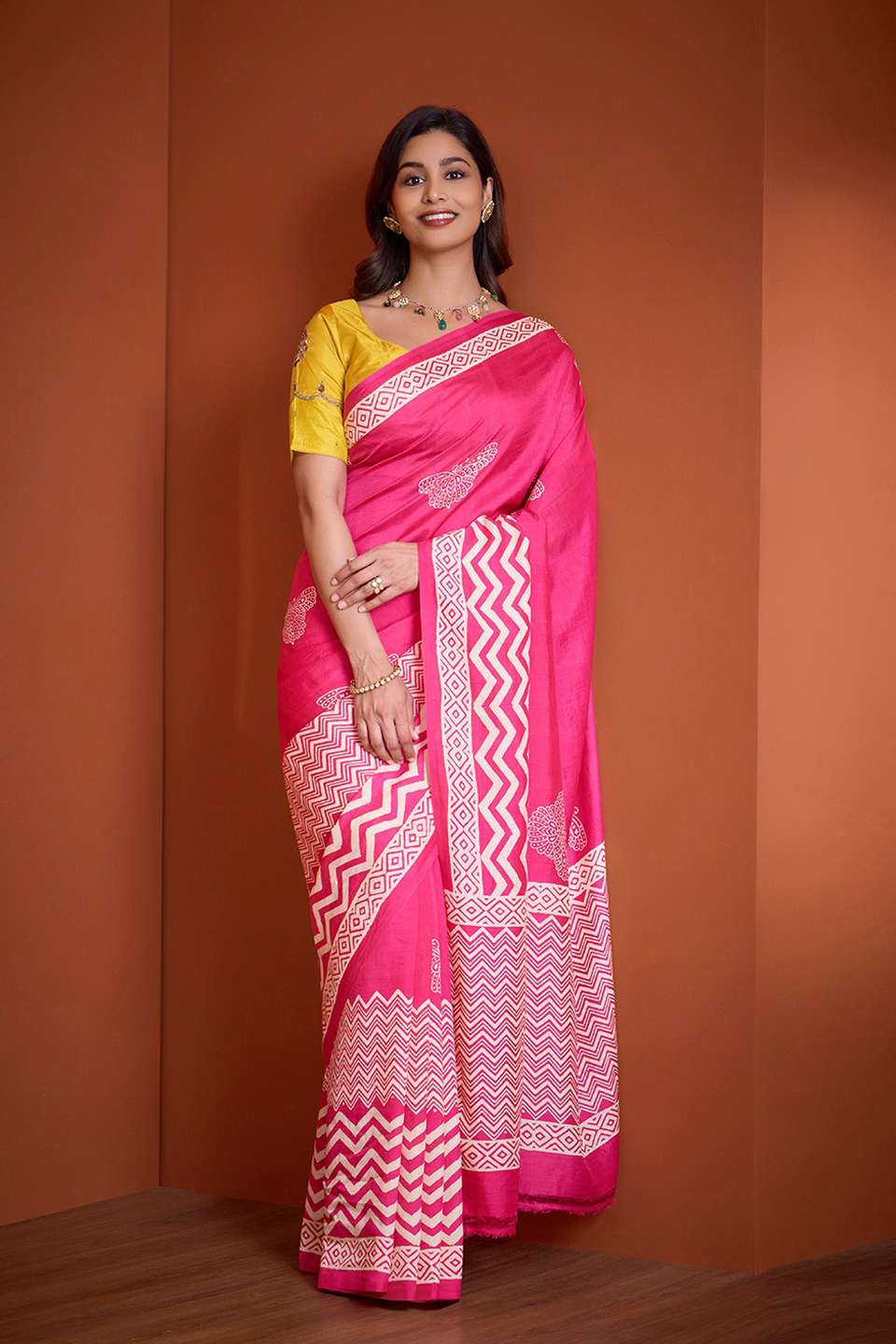 Dark Pink Pure Silk Murshidabad Block Printed Saree