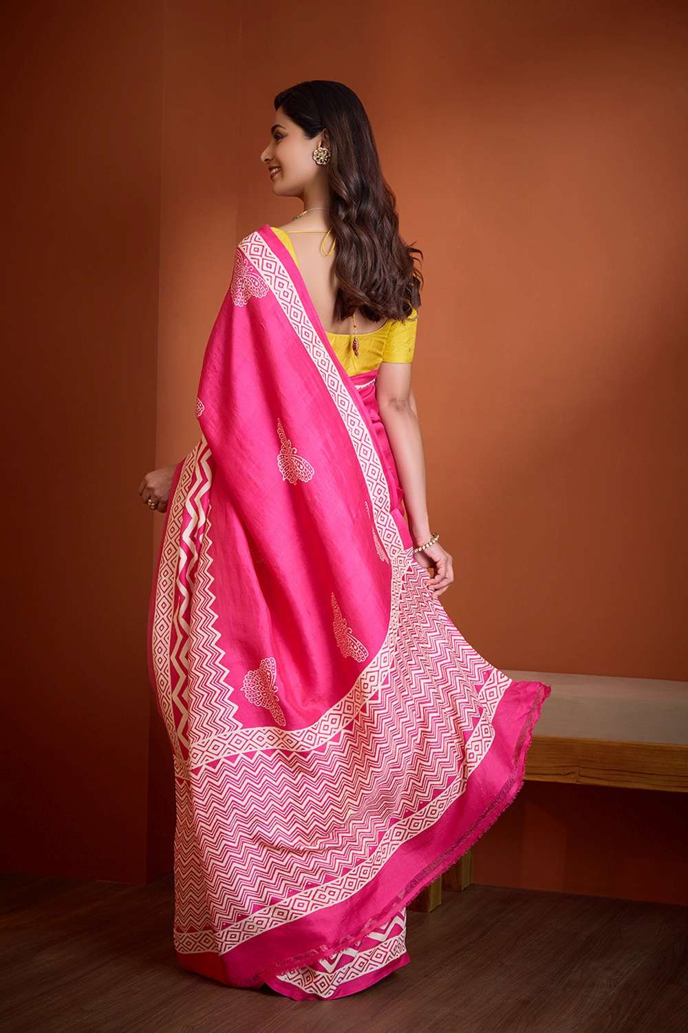 Dark Pink Pure Silk Murshidabad Block Printed Saree image number null