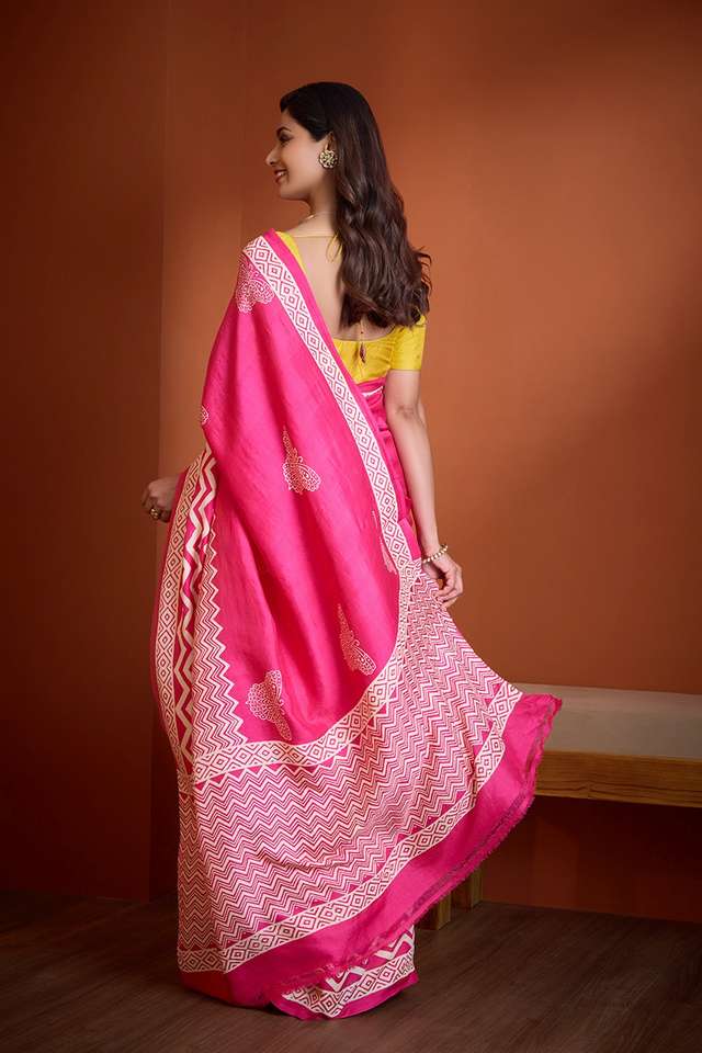 Dark Pink Pure Silk Murshidabad Block Printed Saree thumbnail image number null