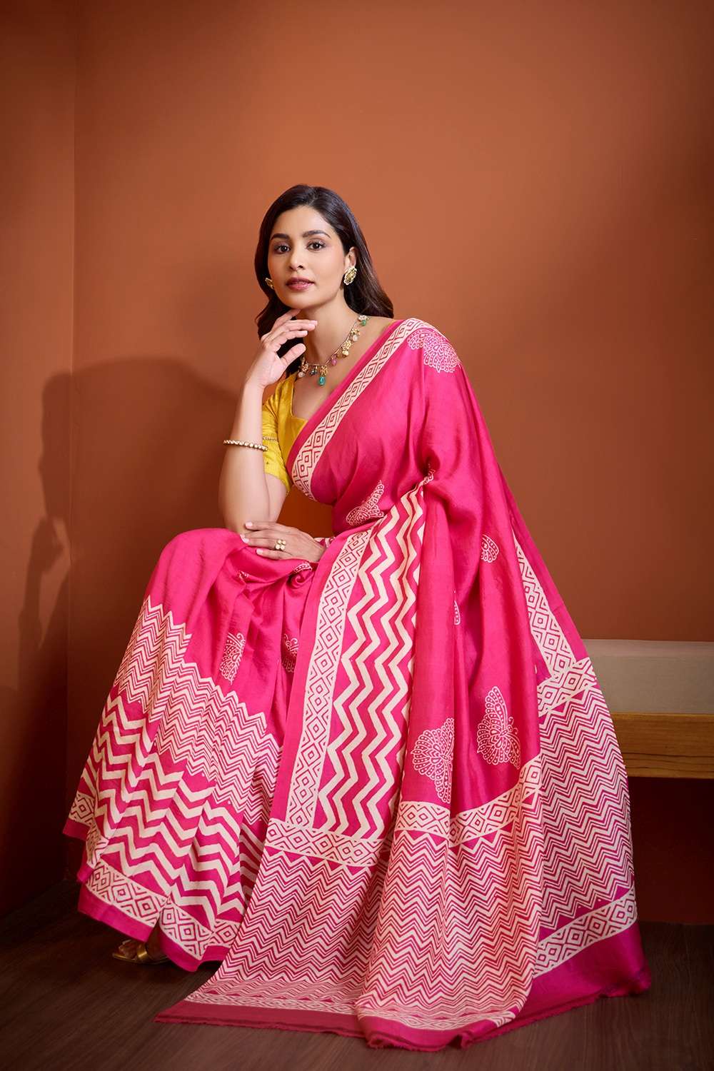 Dark Pink Pure Silk Murshidabad Block Printed Saree image number null