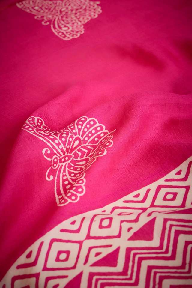 Dark Pink Pure Silk Murshidabad Block Printed Saree thumbnail image number null