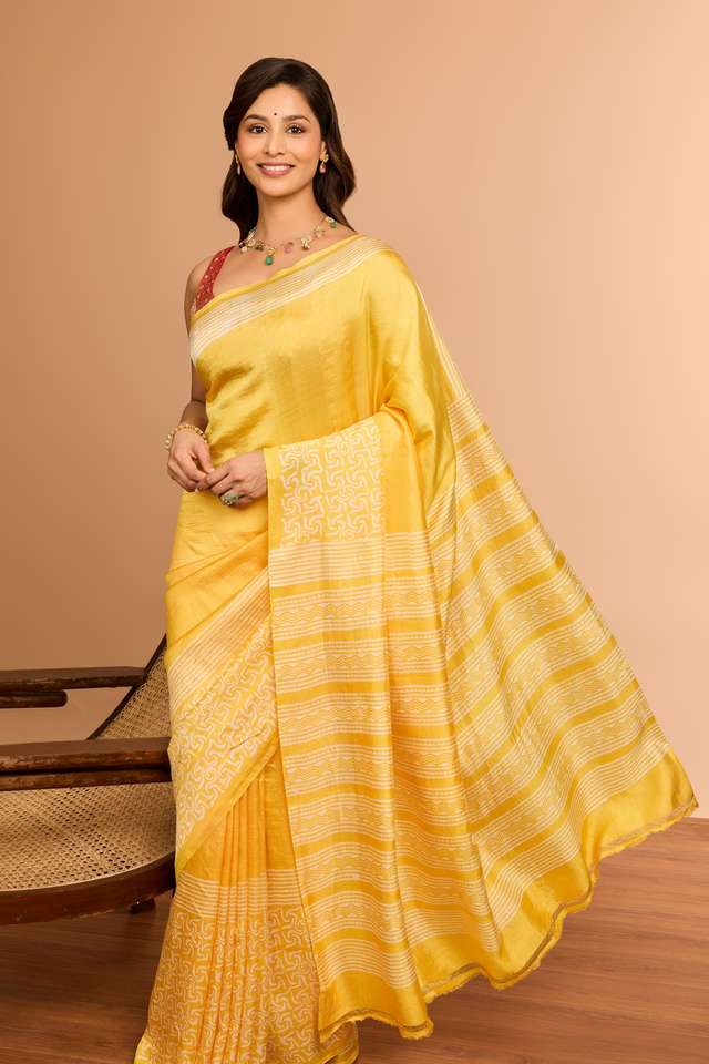 Light Yellow Murshidabad Block Printed Pure Silk Saree image number