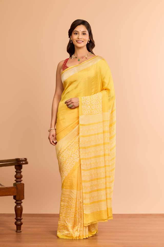 Light Yellow Murshidabad Block Printed Pure Silk Saree thumbnail image number null