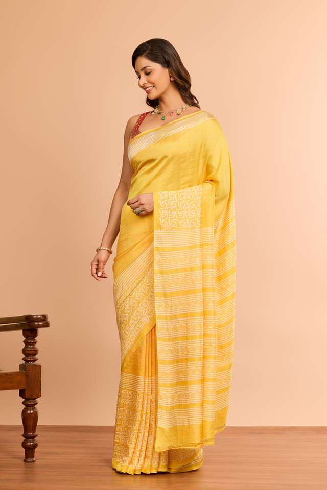 Light Yellow Murshidabad Block Printed Pure Silk Saree thumbnail image number null