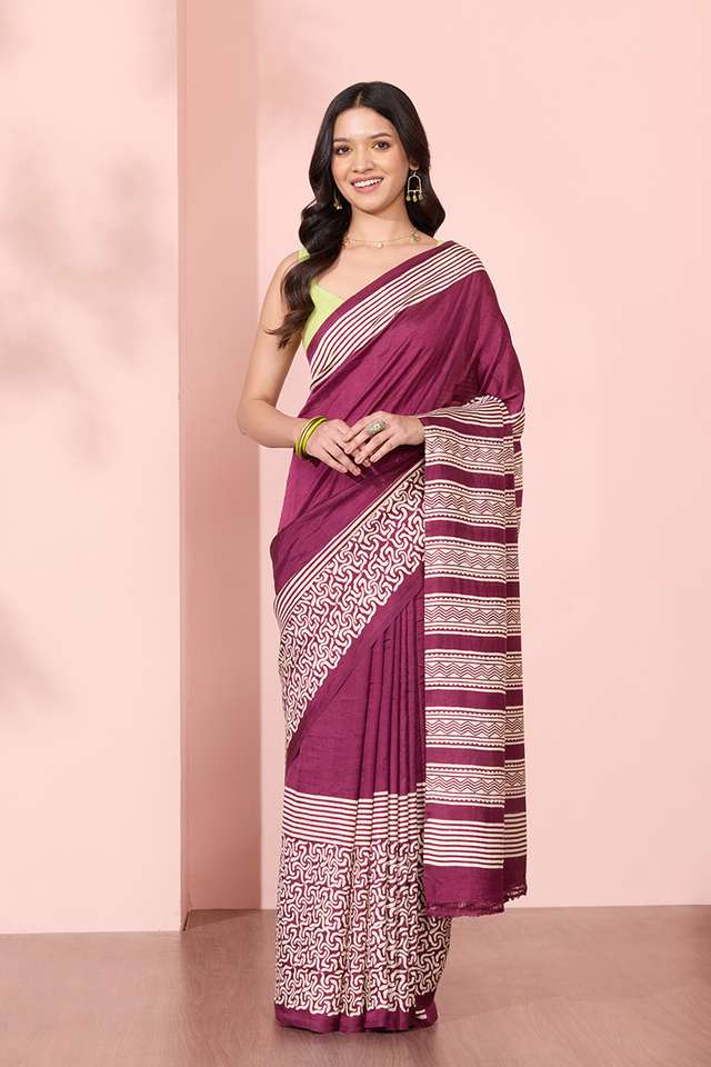 Dark Violet Murshidabad Block Printed Pure Silk Saree image number