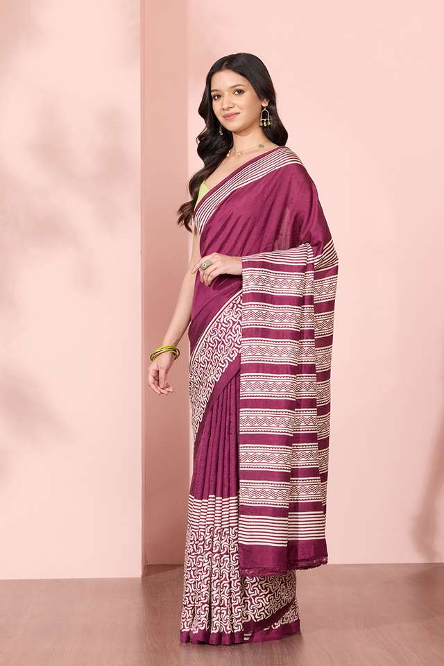Dark Violet Murshidabad Block Printed Pure Silk Saree thumbnail image number null