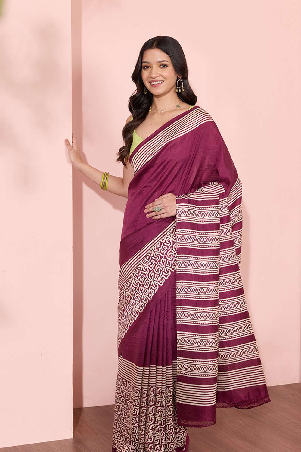 Dark Violet Murshidabad Block Printed Pure Silk Saree image number null
