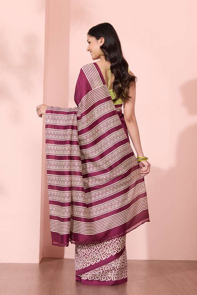 Dark Violet Murshidabad Block Printed Pure Silk Saree thumbnail image number null