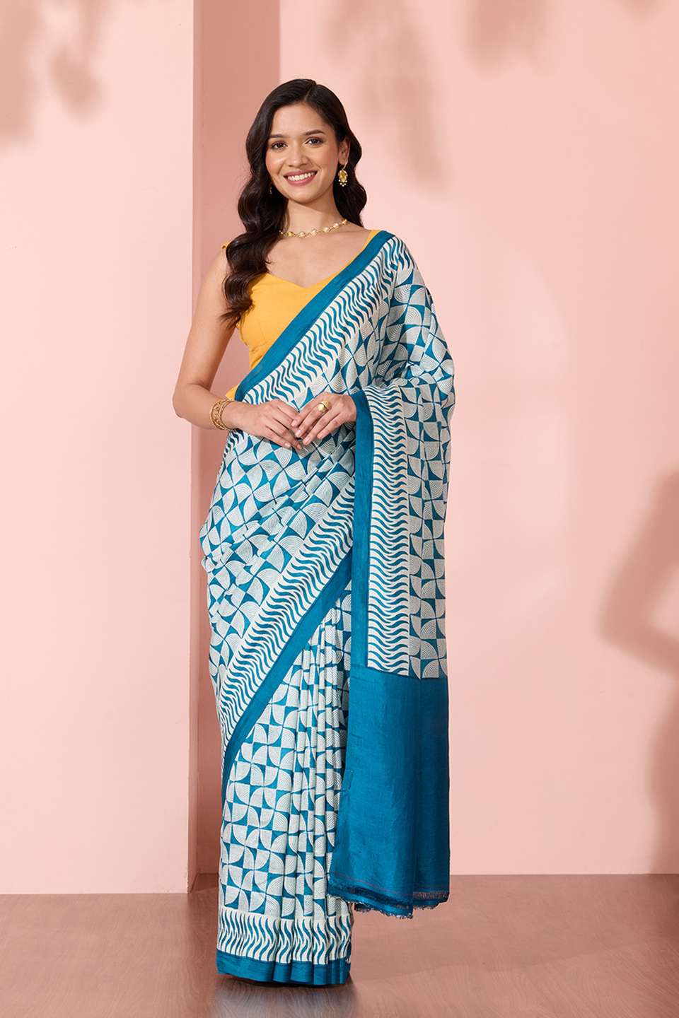 Blue Murshidabad Block Printed Pure Silk Saree