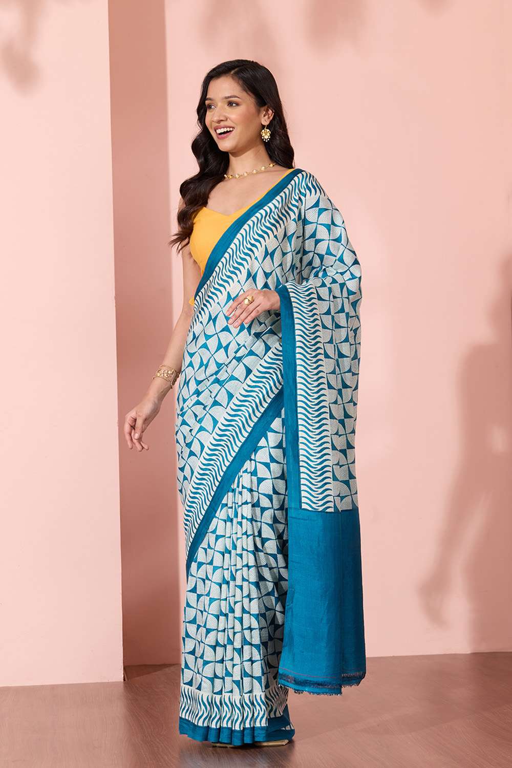 Blue Murshidabad Block Printed Pure Silk Saree image number null
