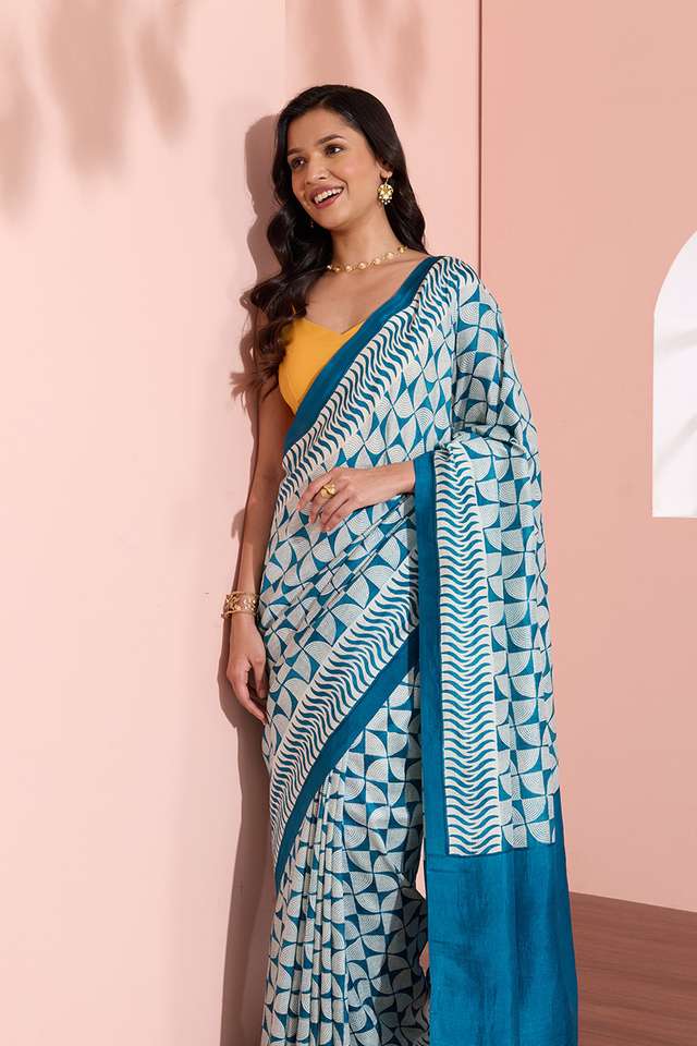 Blue Murshidabad Block Printed Pure Silk Saree thumbnail image number null