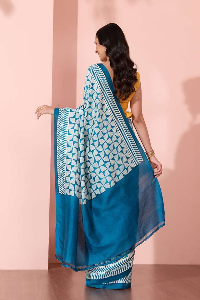 Blue Murshidabad Block Printed Pure Silk Saree thumbnail image number null
