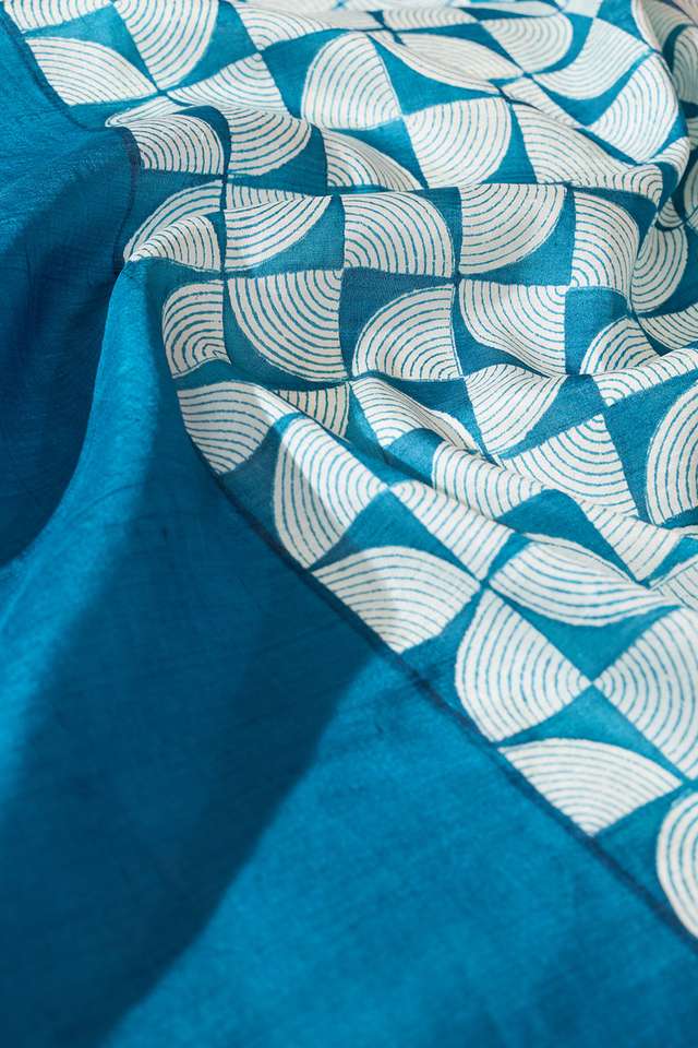 Blue Murshidabad Block Printed Pure Silk Saree thumbnail image number null
