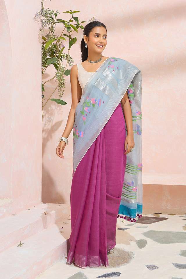 Violet Bengal Pure Silk Cotton Jamdani Saree image number