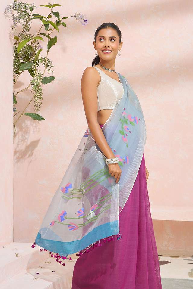 Violet Bengal Pure Silk Cotton Jamdani Saree thumbnail image number null
