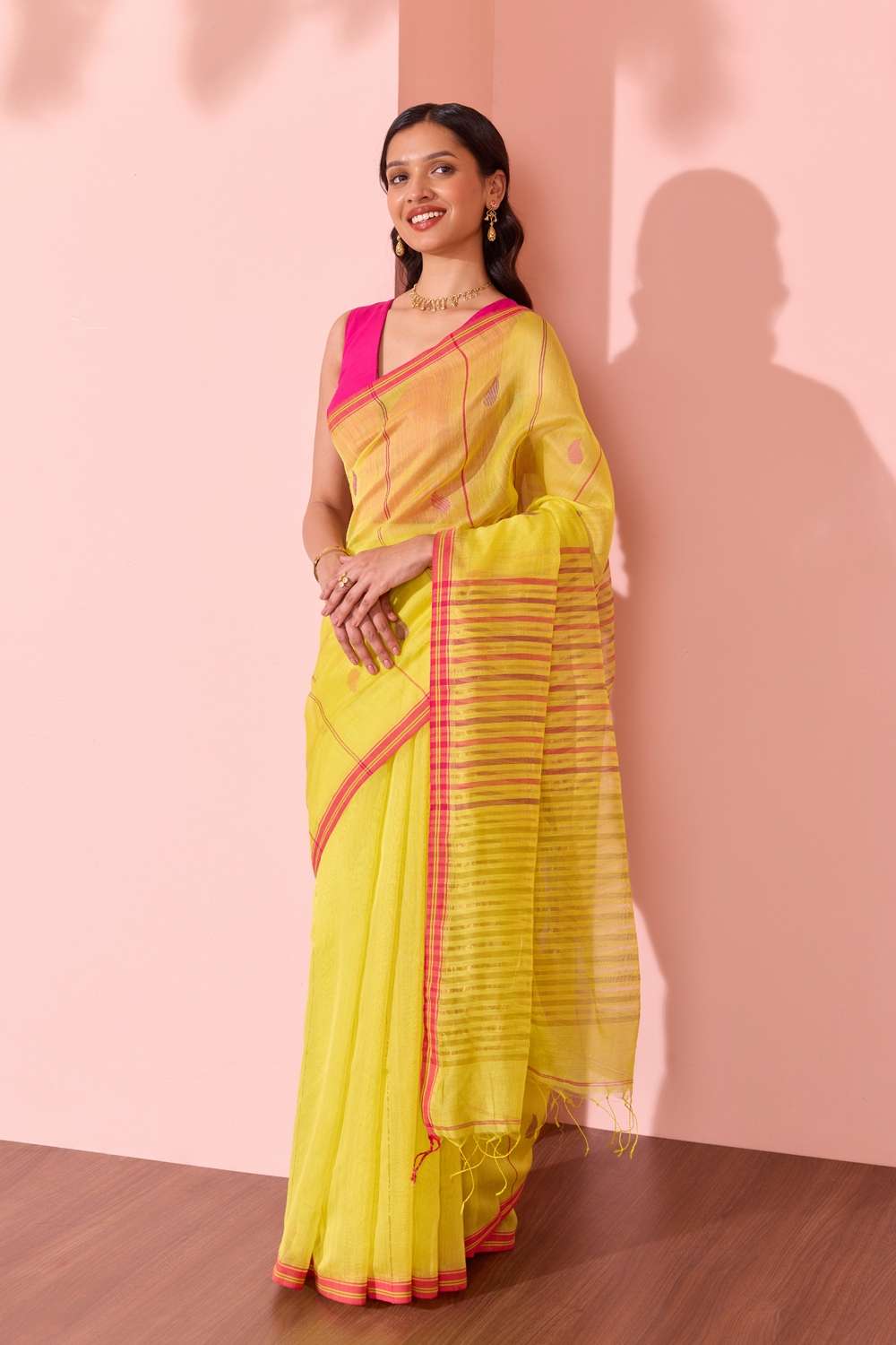Yellow Bengal Pure Silk Cotton Jamdani Saree image number null