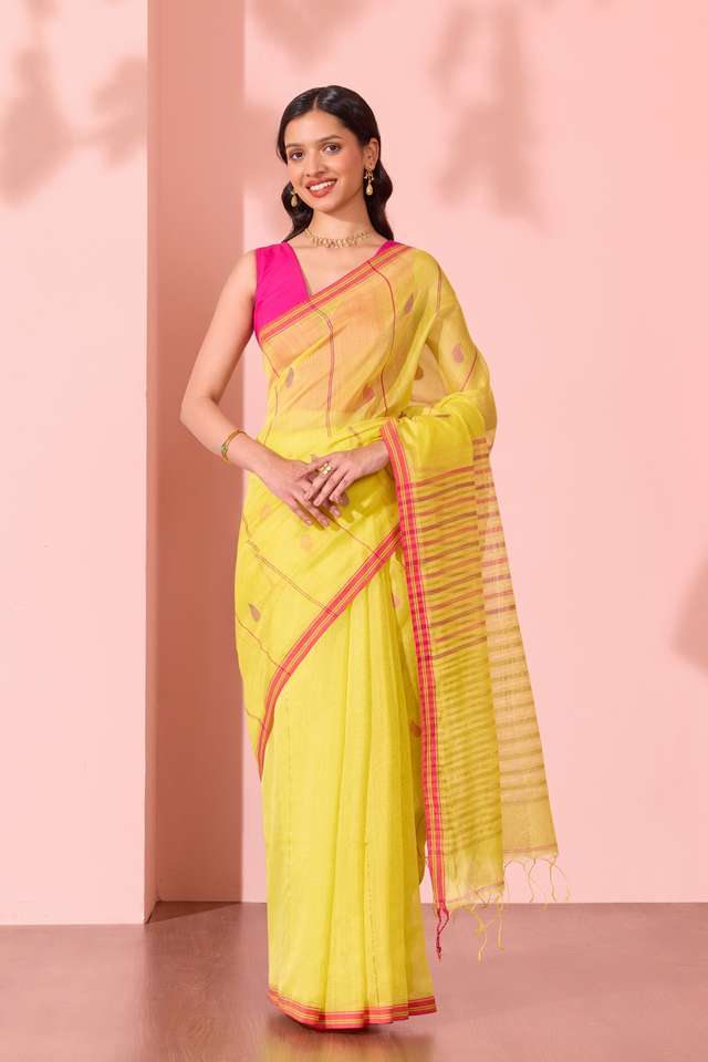 Yellow Bengal Pure Silk Cotton Jamdani Saree thumbnail image number null