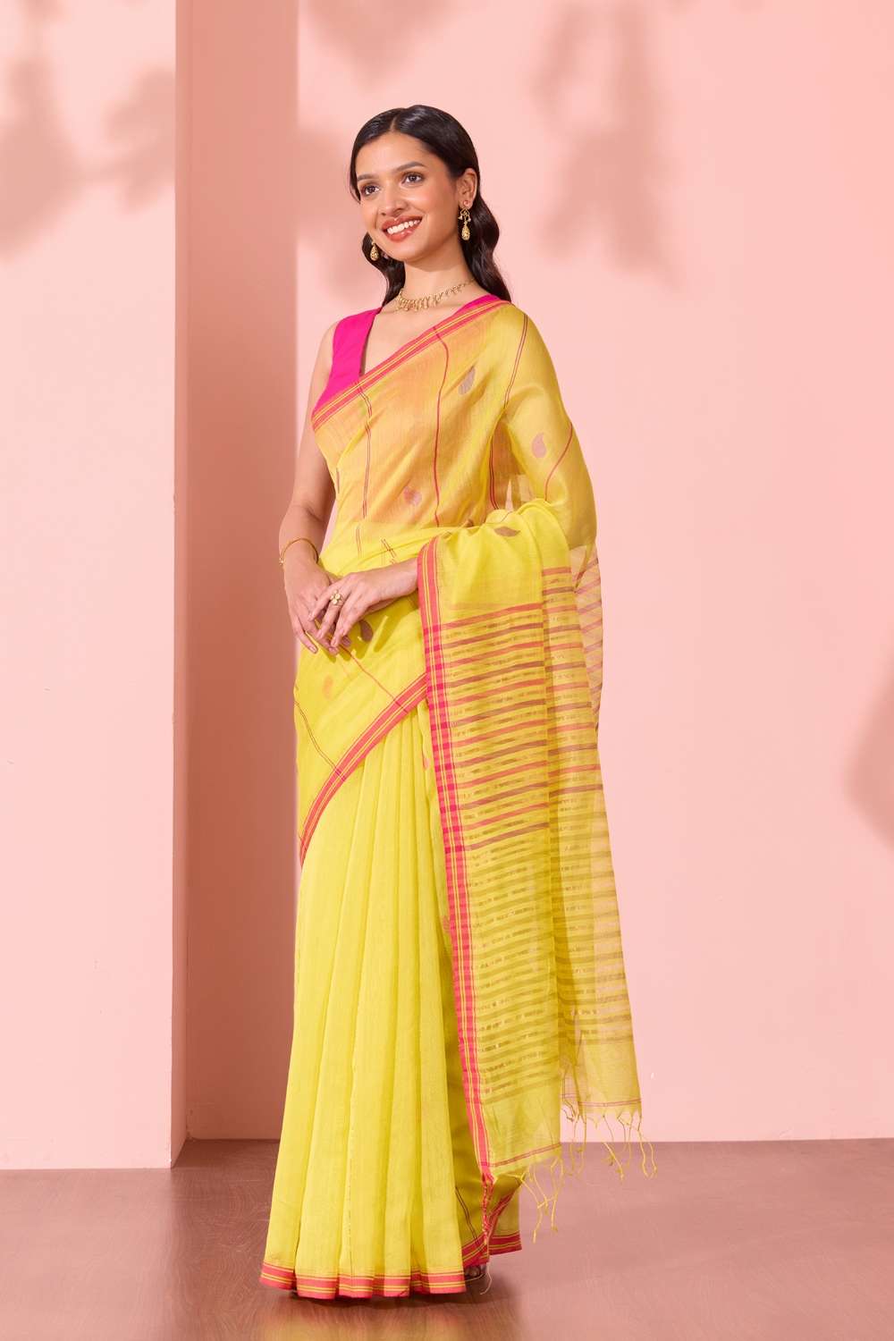 Yellow Bengal Pure Silk Cotton Jamdani Saree image number null