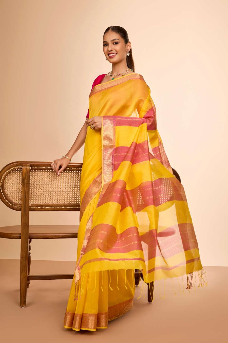 Yellow Woven Pure Silk Cotton Maheshwari Saree