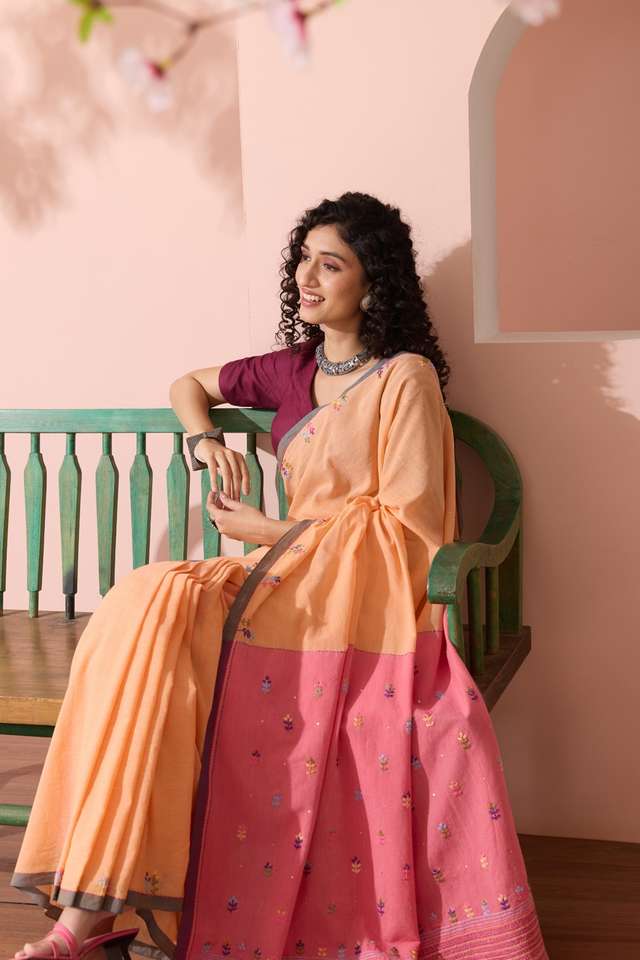Light Orange Bengal Pure Cotton Embroidered Saree