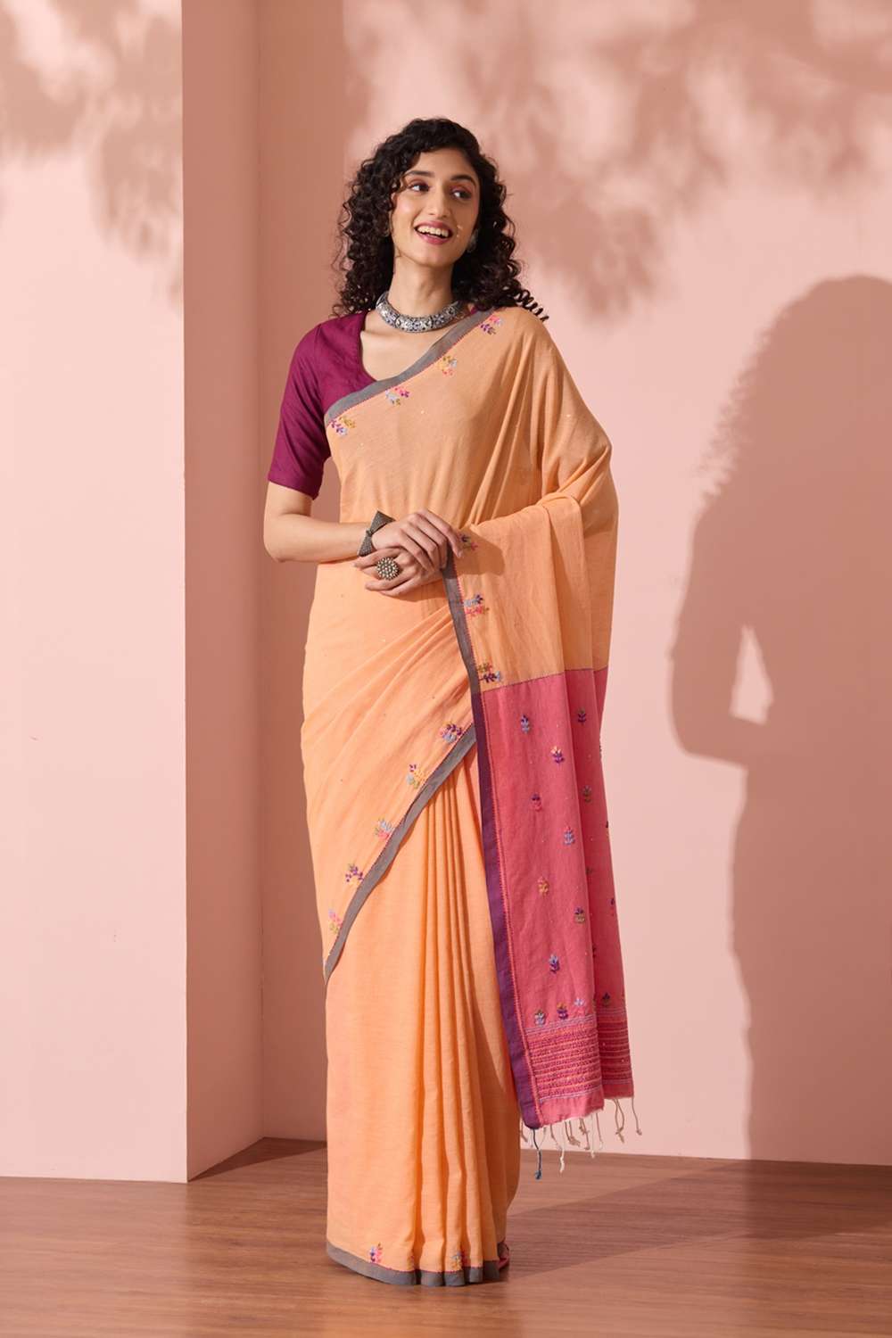 Light Orange Bengal Pure Cotton Embroidered Saree image number null