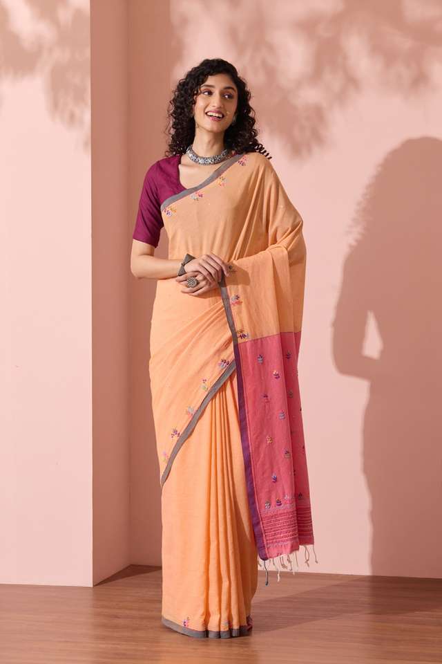 Light Orange Bengal Pure Cotton Embroidered Saree thumbnail image number null
