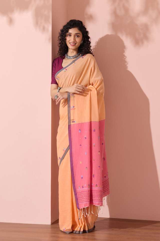 Light Orange Bengal Pure Cotton Embroidered Saree thumbnail image number null