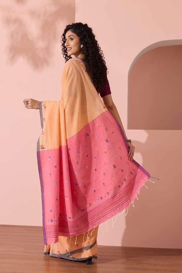 Light Orange Bengal Pure Cotton Embroidered Saree thumbnail image number null