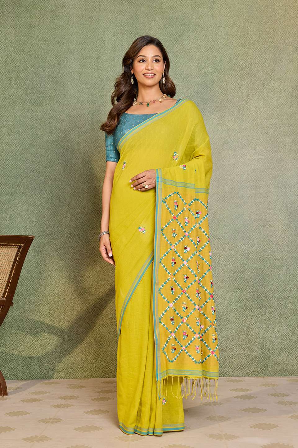 Light Green Bengal Pure Cotton Embroidered Saree