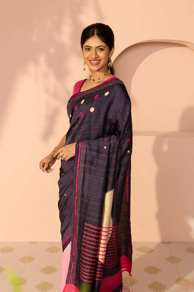 Dark Blue Bengal Pure Silk Hand Painted Saree image number