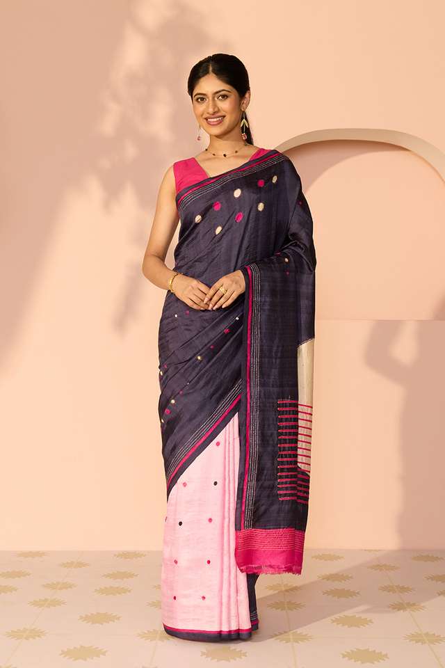Dark Blue Bengal Pure Silk Hand Painted Saree thumbnail image number null