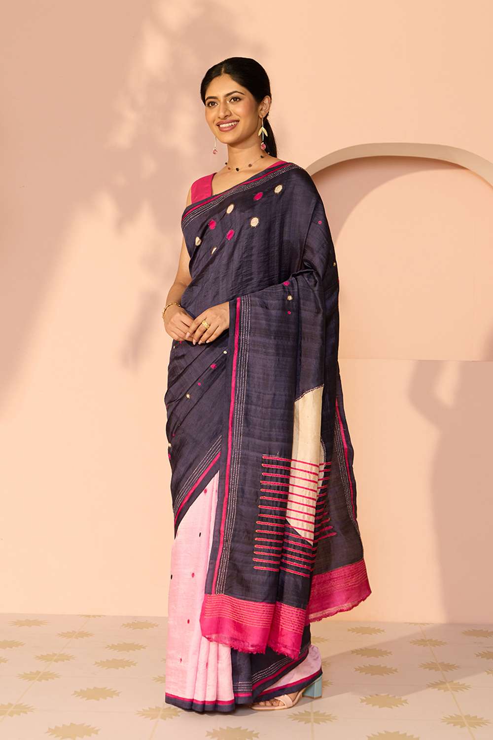 Dark Blue Bengal Pure Silk Hand Painted Saree image number null