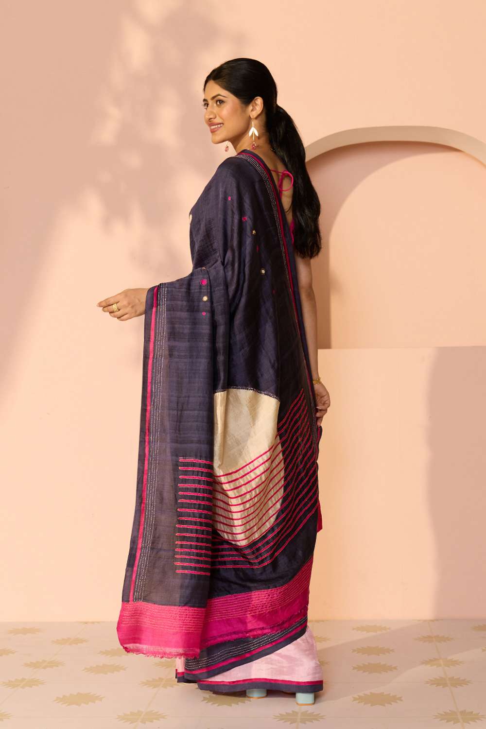 Dark Blue Bengal Pure Silk Hand Painted Saree image number null