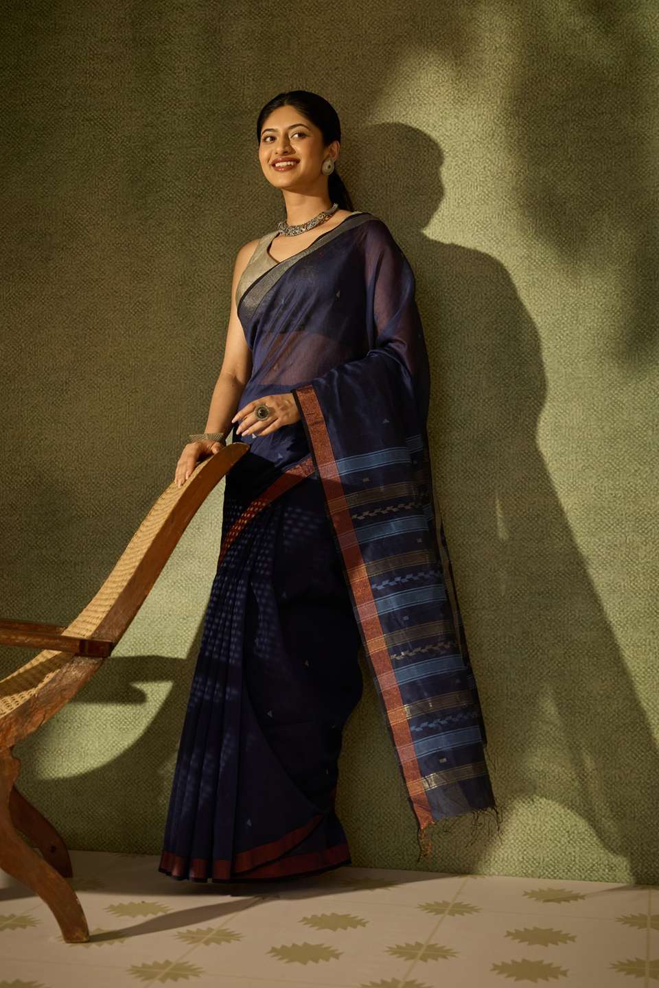 Dark Blue Bengal Pure Silk Cotton Jamdani Saree