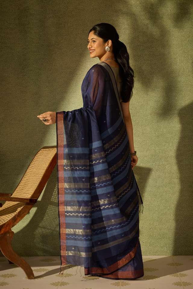 Dark Blue Bengal Pure Silk Cotton Jamdani Saree thumbnail image number null