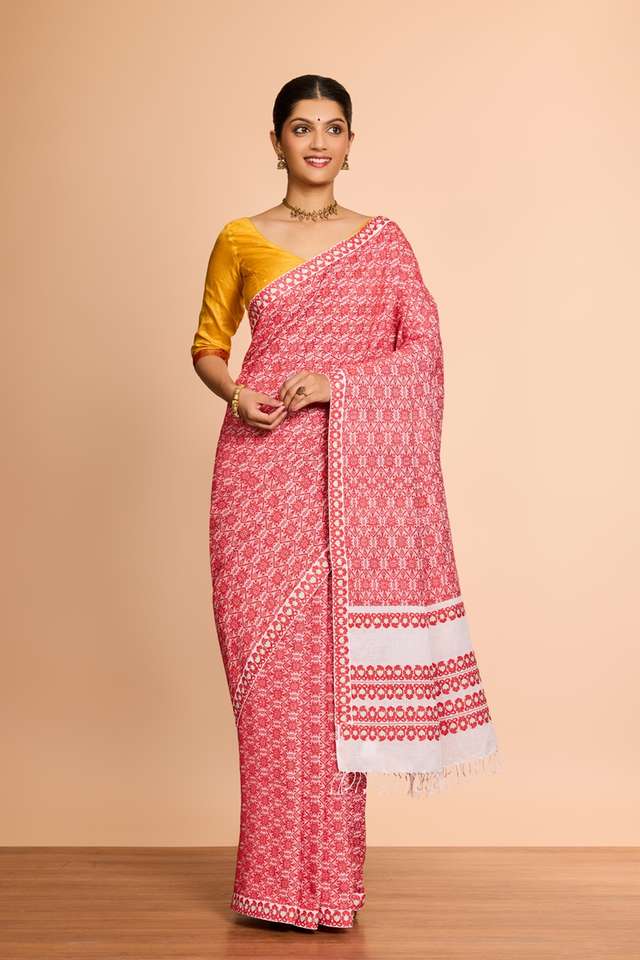 Red Assam Woven Pure Cotton Saree thumbnail image number null