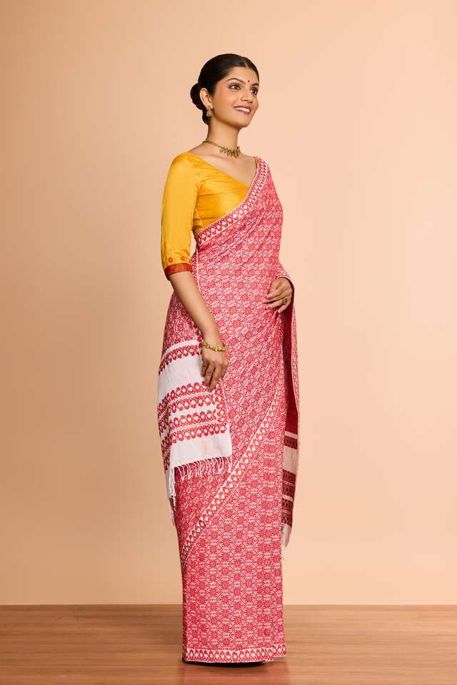 Red Assam Woven Pure Cotton Saree thumbnail image number null