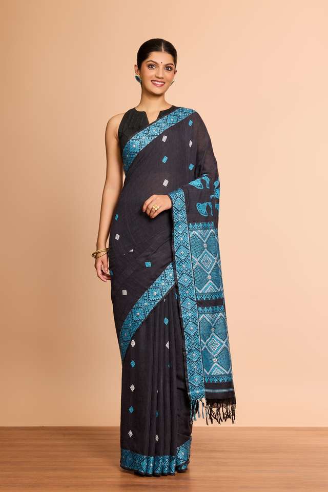 Black Assam Woven Modal Eri Saree thumbnail image number null