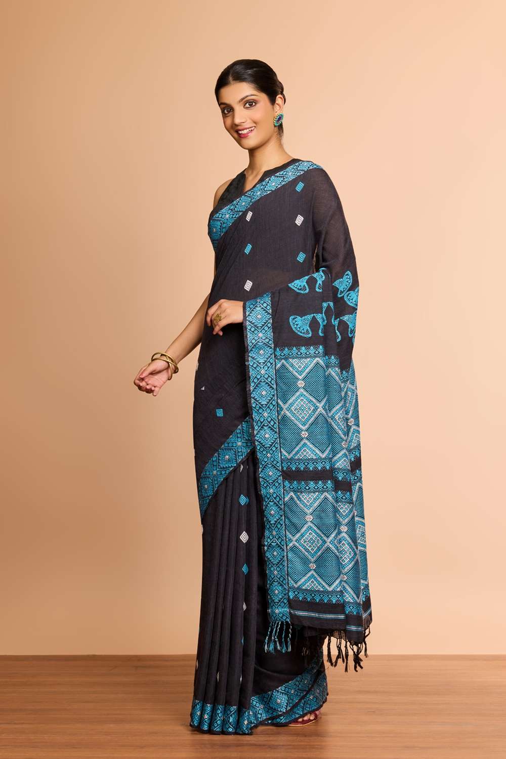 Black Assam Woven Modal Eri Saree image number null