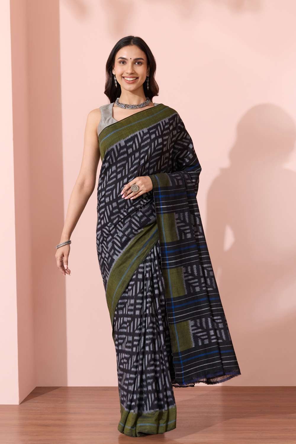 Black Odissa Pure Cotton Ikat Saree image number null