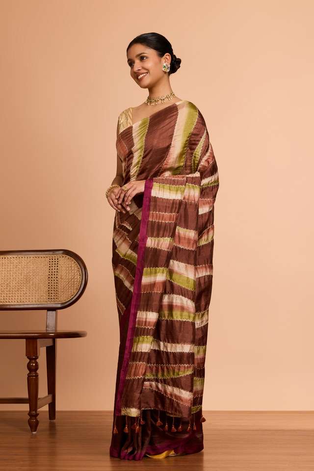 Brown Murshidabad Pure Silk Hand Painted Embroidered Saree thumbnail image number null
