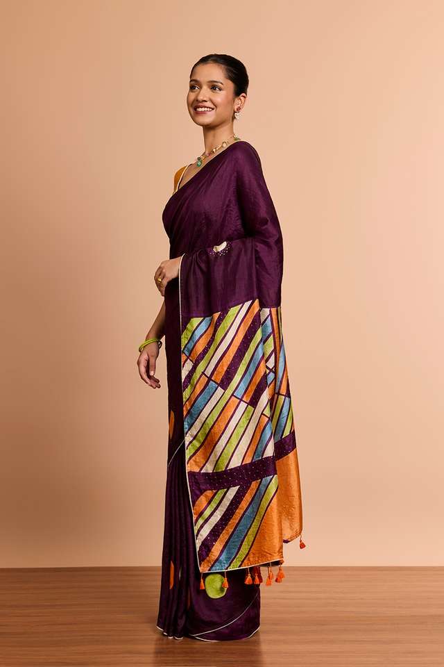 Purple Murshidabad Pure Silk Hand Painted Saree thumbnail image number null