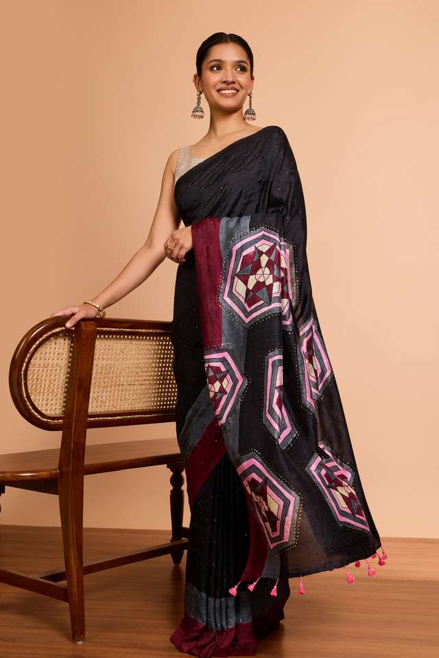 Black Murshidabad Pure Silk Hand Painted Mukesh Saree image number