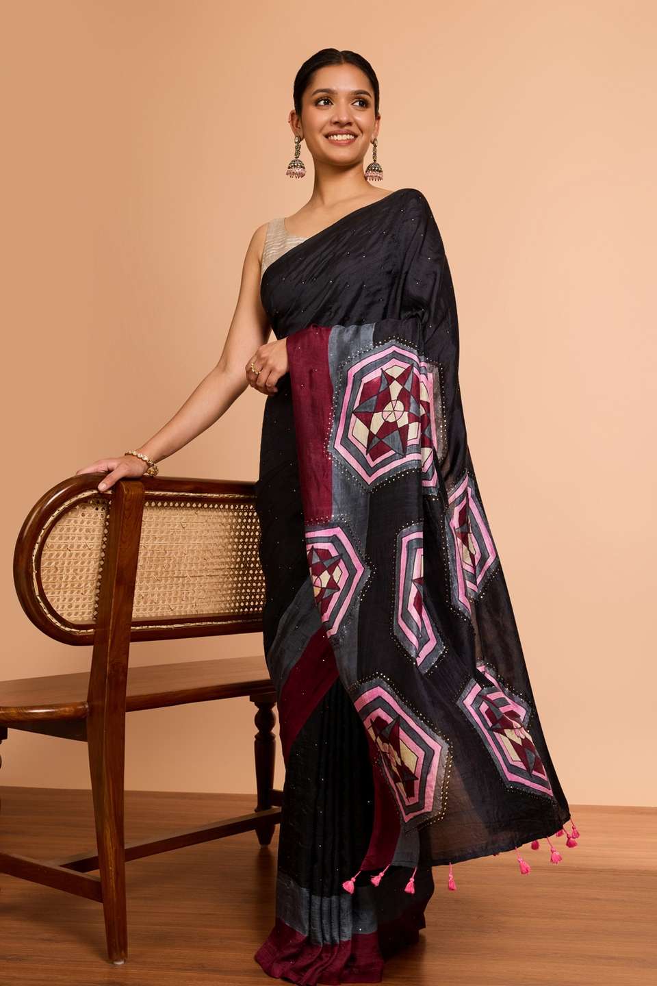 Black Murshidabad Pure Silk Hand Painted Mukesh Saree