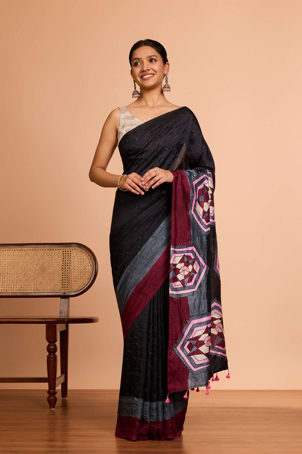 Black Murshidabad Pure Silk Hand Painted Mukesh Saree image number null