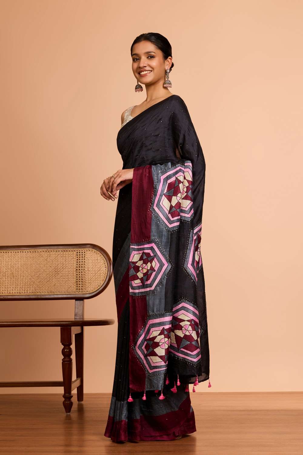 Black Murshidabad Pure Silk Hand Painted Mukesh Saree image number null