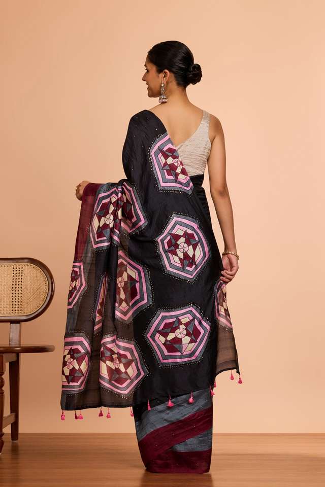 Black Murshidabad Pure Silk Hand Painted Mukesh Saree thumbnail image number null