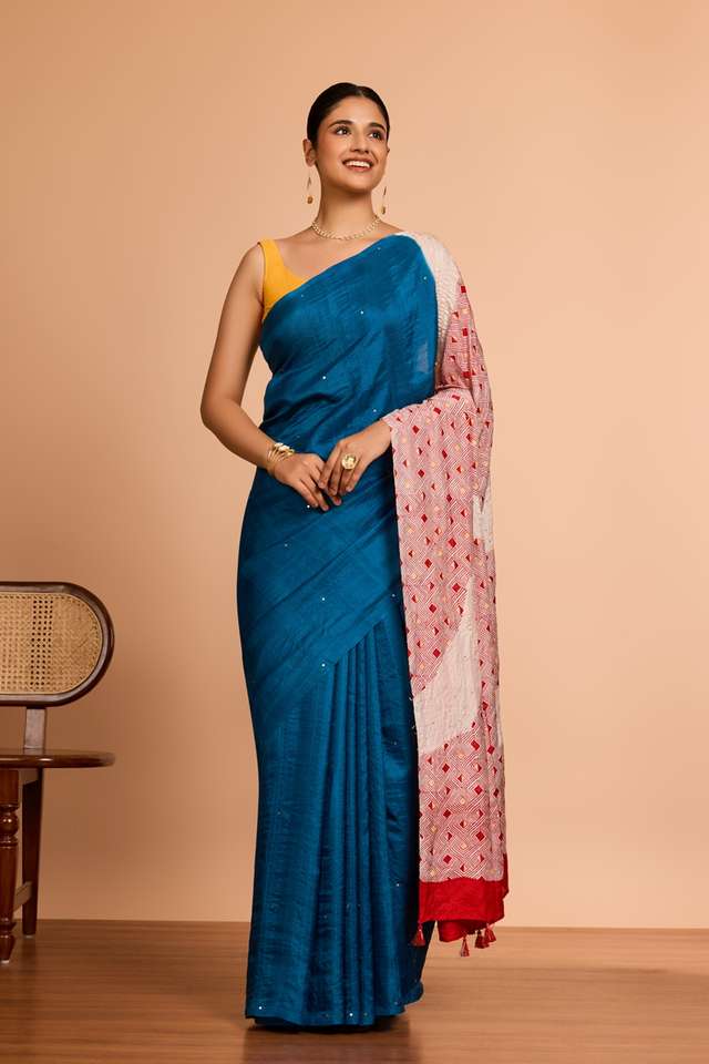 Blue Murshidabad Pure Silk Embroidered Saree thumbnail image number null