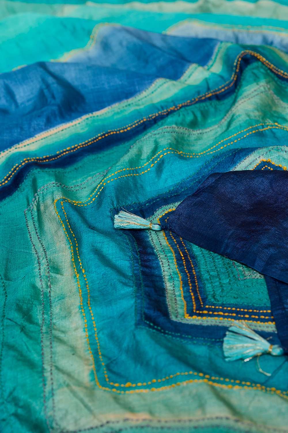 Light Green Bengal Pure Tussar Silk Hand Painted Kantha Saree image number null