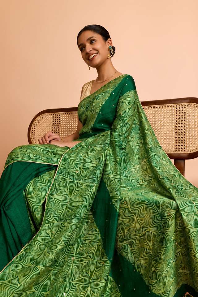 Dark Green Murshidabad Pure Silk Embroidered Saree image number